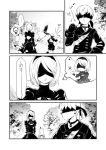  1girl backpack bag bird blindfold choker cleavage_cutout closed_mouth forest gloves greyscale headband heart highres jewelry mole mole_under_mouth monochrome nature necklace nier_(series) nier_automata pod_(nier_automata) short_hair shorts skirt u-ka_(pixiv5407) yorha_no._2_type_b yorha_no._9_type_s 
