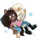  2016 5_fingers afrosoricid angry annoyed anthro beads biped blue_bottomwear blue_clothing blue_eyes blush boots breasts bridal_carry brown_fur brown_hair brown_nose brown_tail carrying cat clothed clothing cub digital_drawing_(artwork) digital_media_(artwork) duo ear_piercing eye_contact eyebrows eyelashes fangs feline female flustered footwear front_view frown fully_clothed fur fur_tuft green_clothing green_topwear hair happy head_tuft humanoid_hands jeans leg_grab lesser_hedgehog_tenrec lighting littlewoodlouse long_hair looking_at_another mammal multicolored_fur multicolored_hair open_frown open_mouth open_smile pants piercing pink_clothing pink_tongue pink_topwear plantigrade ponytail shadow shirt simple_background skirt small_breasts smile spines standing tan_fur tan_hair tan_nose teenager tenrec tenrec_hero tongue tuft two_tone_fur two_tone_hair vee_lowland waist_grab webcomic white_background will_west young 