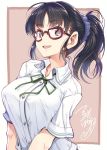  artist_name bangs blouse breasts brown_hair commentary_request dated eyebrows_visible_through_hair glasses hair_ornament hair_scrunchie large_breasts open_mouth original ponytail school_uniform scrunchie short_sleeves signature smile solo teeth tsurugi_hagane white_blouse 