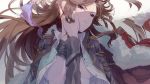  breasts brown_hair epaulettes hand_on_another's_face hastune jacket long_hair looking_at_viewer lying on_back open_clothes open_jacket out_of_frame parted_lips pov purple_eyes shoujo_kageki_revue_starlight solo tendou_maya 