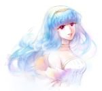  bloom blue_hair breasts bridal_veil bride commentary dress english_commentary eyelashes fantasy fire_emblem fire_emblem:_rekka_no_ken fire_emblem_heroes highres liefe long_hair looking_at_viewer mamkute ninian pale_color red_eyes simple_background smile solo upper_body veil wedding_dress 