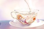  absurdres anklet cup flower hair_between_eyes highres jcj0125 jewelry long_hair original pouring red_eyes saucer skirt smile solo submerged teacup very_long_hair white_background 