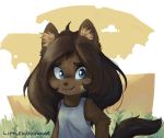  2016 anthro biped blep blue_clothing blue_eyes blue_topwear breasts brown_eyebrows brown_fur brown_hair brown_nose brown_tail cat child clothed clothing cloud cub digital_drawing_(artwork) digital_media_(artwork) eyebrows facial_markings feline female front_view fur grass hair half-length_portrait inner_ear_fluff littlewoodlouse long_hair looking_aside looking_away mammal markings nervous outside pink_tongue portrait shirt sky small_breasts smile solo standing star star_marking tan_markings tank_top tenrec_hero thick_eyebrows tongue tongue_out webcomic will_west worried young 