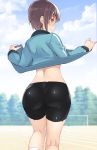  ass bike_shorts blush bodypaint bottomless brown_eyes brown_hair day from_behind hands_up highres idolmaster idolmaster_cinderella_girls jacket jacket_lift kneehighs kneepits lifted_by_self looking_at_viewer looking_back nakamura_yukitoshi otokura_yuuki outdoors painted_clothes short_hair sidelocks smile solo thighs track_and_field track_jacket white_legwear 