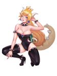  1girl bare_shoulders black_footwear black_heels blonde_hair blue_eyes blush boots bowsette bracelet breasts cleavage collar crown earrings high_heel_boots high_heels horns jewelry large_breasts lipstick makeup mario_(series) nail_polish new_super_mario_bros._u_deluxe nintendo open_mouth pointy_ears solo spiked_bracelet spiked_collar spikes super_crown thigh_boots thighhighs 