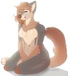  2018 anthro blue_eyes breasts brown_body brown_fur brown_hair brown_nose brown_tail coffaefox digital_media_(artwork) eyelashes featureless_breasts female fur grey_body grey_fur hair hi_res looking_at_viewer mammal marten medium_breasts multicolored_body multicolored_fur mustelid navel neck_tuft nude oakley_(floofykitkat) pine_marten pose sitting smile solo tan_body tan_fur tuft yokozuwari 