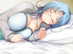  blue_hair breasts cleavage closed_eyes dress garnet_(sumaga) glasses hood hoodie huge_breasts jpeg_artifacts long_hair long_sleeves lying nightgown sleeping solo source_request strapless strapless_dress sumaga 