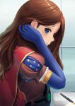  blue_eyes blue_gloves brown_hair cape elbow_gloves fate/grand_order fate_(series) fountain_pen from_side gloves hair_tucking highres leonardo_da_vinci_(fate/grand_order) long_hair looking_at_viewer pen print_sleeves puff_and_slash_sleeves puffy_short_sleeves puffy_sleeves ranma_(kamenrideroz) red_cape short_sleeves smile solo star star_print upper_body 