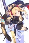  asymmetrical_sleeves bangs birdcage black_dress blonde_hair blue_background blush border breasts cage cape cleavage closed_mouth commentary dress earrings enosan ereshkigal_(fate/grand_order) fate/grand_order fate_(series) gold_trim highres hips hoop_earrings jewelry long_hair looking_at_viewer looking_up parted_bangs red_cape red_ribbon ribbon skull small_breasts smile solo spine thighs tiara two_side_up weapon white_border 