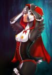  2018 5_fingers anthro arm_garter avian beak biped bird black_eyebrows black_feathers breasts cape clothing corset cosplay eyebrows feathers female hand_on_head hi_res hood leg_garter lingerie little_red_riding_hood little_red_riding_hood_(copyright) looking_at_viewer multicolored_feathers nipples non-mammal_breasts panties pearl_(boolean) puffin radiant_scar small_breasts solo standing two_tone_feathers two_tone_tail underbust_corset underwear white_feathers yellow_eyes yellow_nipples yellow_tongue 