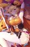  1girl animal_ears black_thighhighs blonde_hair blush bow breasts bunny_ears candy cygames dragalia_lost elbow_gloves elisanne fake_bunny_ears food garter_straps gloves halloween jack-o&#039;-lantern leotard lollipop long_hair looking_at_viewer lying medium_breasts nintendo orange_leotard ponytail pumpkin purple_eyes solo thighhighs thighs very_long_hair white_elbow_gloves white_gloves 