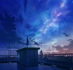  black_hair blue_skirt building chain-link_fence city cloud commentary_request door fence from_side gradient_sky highres hood hood_down hooded_jacket jacket long_sleeves looking_away looking_up milky_way mocha_(cotton) night night_sky original outdoors pleated_skirt profile radio_antenna railing rooftop scenery school_uniform skirt sky solo standing star_(sky) starry_sky telescope tile_roof tree wide_shot wind 