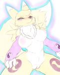  2018 absurd_res anthro areola armwear black_sclera blue_eyes blush breasts canine chest_tuft clothing digimon female fluffy fluffy_tail fur hi_res long_tail looking_at_viewer mammal milkteafox mostly_nude nipples pussy renamon solo tuft white_fur yellow_fur 