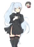  black_dress black_footwear black_gloves black_legwear blue_eyes boots breasts cat_with_a_brush cleavage_cutout cosplay covering covering_one_breast dress eyebrows_visible_through_hair floating_hair gloves highres long_hair looking_at_viewer nier_(series) nier_automata ruby_rose rwby shiny shiny_hair short_dress side_ponytail side_slit silver_hair sketch small_breasts solo standing sweatdrop thigh_boots thighhighs very_long_hair weiss_schnee white_background yorha_no._2_type_b yorha_no._2_type_b_(cosplay) zettai_ryouiki 