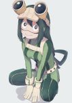  3: asui_tsuyu between_legs black_eyes black_hair bodysuit boku_no_hero_academia breasts closed_mouth commentary_request full_body fumi_(mmm5552) gloves goggles goggles_on_head grey_background hair_between_eyes hand_between_legs highres long_hair looking_at_viewer medium_breasts no_nose simple_background solo squatting tied_hair very_long_hair 