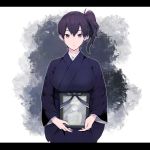  alternate_costume black_eyes black_hair breasts expressionless funeral_kimono holding iei japanese_clothes kaga_(kantai_collection) kantai_collection kimono large_breasts letterboxed looking_at_viewer photo_(object) sakita_(ookawarii) side_ponytail simple_background solo 