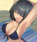  :d ^_^ armpits arms_up bangs beach bikini black_hair blue_bikini blush breasts cccpo cleavage closed_eyes commentary day eyebrows_visible_through_hair front-tie_bikini front-tie_top large_breasts open_mouth original outdoors smile solo swimsuit upper_body 