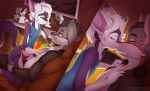  2018 anthro canine cat clothed clothing detailed_background digital_media_(artwork) duo feline female fur green_eyes kissing male mammal purple_fur smile valkoinen 