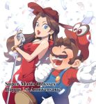  2boys anniversary blue_eyes breasts brown_hair cappy_(mario) dress earrings facial_hair happy hat jewelry lipstick long_hair makeup mario mario_(series) multiple_boys mustache omochi_(glassheart_0u0) open_mouth pauline_(mario) red_dress short_hair simple_background smile super_mario_bros. super_mario_odyssey 