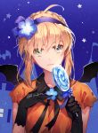  artoria_pendragon_(all) black_gloves black_wings blue_background blue_flower braid breasts candy closed_mouth collarbone collared_shirt fate/stay_night fate_(series) flower food gloves h_sueun hair_flower hair_ornament hairband halloween hands_up head_tilt holding holding_food holding_lollipop light_smile lollipop looking_at_viewer md5_mismatch mini_wings orange_shirt purple_hairband saber shirt short_sleeves sidelocks small_breasts solo star swirl_lollipop twitter_username wings 