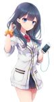  black_hair blue_eyes blush bow bowtie cardigan cellphone commentary_request cowboy_shot earbuds earphones eyebrows_visible_through_hair goushou gridman_(ssss) highres long_hair looking_at_viewer partially_unbuttoned phone pleated_skirt school_uniform scrunchie simple_background skirt smartphone solo ssss.gridman takarada_rikka white_background wing_collar wrist_scrunchie 
