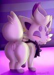  2018 3_toes all_fours anus blush butt canine chest_tuft chip_(character) ear_piercing ears_up female feral fur garruuk grey_fur inviting mammal markings nintendo one_eye_closed one_leg_up pawpads piercing pok&eacute;mon pok&eacute;mon_(species) presenting presenting_hindquarters purple_background purple_eyes purple_fur purple_nose purple_pawpads purple_paws pussy rear_view short_ears simple_background snout socks_(marking) solo teasing toes tongue tongue_out tuft video_games watermark zorua 