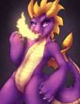  2018 anthro bubblegum-yokai cute_fangs digital_media_(artwork) dragon featureless_crotch fire horn male purple_scales scales scalie smile solo spines spyro spyro_the_dragon standing video_games western_dragon 