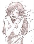  :d bangs bare_arms blush brown commentary eyebrows_visible_through_hair fangs fingernails haiokumantan_c hands highres himekawa_yuki idolmaster idolmaster_cinderella_girls laughing long_hair looking_to_the_side monochrome nose_blush one_eye_closed open_mouth pointing short_shorts shorts sketch smile solo_focus tank_top traditional_media upper_body white_background 