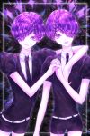  amethyst_(houseki_no_kuni) androgynous arm_around_shoulder braid colored_eyelashes crystal_hair esol_98 gem_uniform_(houseki_no_kuni) hair_over_one_eye highres holding_hands houseki_no_kuni looking_at_viewer multiple_others necktie purple_eyes purple_hair siblings smile twins white_skin 