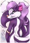  2018 anthro blue_eyes breasts butt female fifi_la_fume fur joakaha looking_at_viewer looking_back mammal mephitid nude purple_fur seductive skunk solo tasteful_nudity teeth text tiny_toon_adventures warner_brothers 