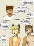  anthro bear beige_nipples blonde_hair brown_eyes brown_fur brown_hair brown_nose canine cervine clothed clothing comic countershading dialogue digital_media_(artwork) english_text fox fur fuze group hair male mammal nipples nude open_mouth orange_fur shirt speech_bubble t-shirt tan_countershading tan_fur teeth text tongue 