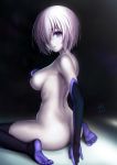  armpits ass back black_background black_gloves black_legwear breasts closed_mouth commentary_request covering covering_breasts elbow_gloves eyebrows_visible_through_hair fate/grand_order fate_(series) feet from_behind gloves hair_over_one_eye kouson33 lavender_hair lipstick looking_at_viewer looking_back makeup mash_kyrielight nude pale_skin pink_lips purple_eyes short_sleeves sideboob signature sitting smile soles solo thighhighs wariza 