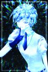  androgynous antarcticite colored_eyelashes cracked crystal_hair esol_98 finger_to_mouth gem_uniform_(houseki_no_kuni) gloves highres houseki_no_kuni necktie short_hair smile solo upper_body white_eyes white_hair white_skin 