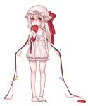  albino alternate_costume alternate_hair_color arm_at_side arm_ribbon camisole flandre_scarlet full_body hat hat_ribbon heart highres knees legs long_ponytail mob_cap pins red_eyes ribbon shan short_hair side_ponytail signature simple_background slippers slit_pupils solo stitches strap_slip thread touhou white_background white_hair wings yarn 