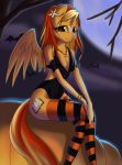  anthro bat breasts cleavage clothed clothing cutie_mark dress equine eyebrows eyelashes fafecalus female food fruit fur hair horse legwear long_hair looking_at_viewer mammal moon my_little_pony pony pumpkin solo tights tree wings 