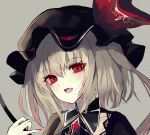  :d bangs beckzawachi black_hat blonde_hair brooch commentary_request eyebrows_visible_through_hair fang fingernails flandre_scarlet grey_background hair_between_eyes hand_up hat hat_ribbon jewelry long_hair looking_at_viewer mob_cap nail_polish one_side_up open_mouth portrait red_eyes red_nails red_ribbon ribbon sharp_fingernails simple_background smile solo touhou 
