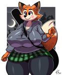  2018 anthro big_breasts blush breasts canine clothed clothing darma dipstick_ears dipstick_tail fabianoferreira female fox mammal multicolored_tail nipple_bulge rock_dog signature smile solo thick_thighs 