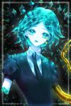  androgynous aqua_eyes aqua_hair broken colored_eyelashes cracked crystal_hair esol_98 gem_uniform_(houseki_no_kuni) golden_arms green_eyes green_hair highres houseki_no_kuni looking_at_viewer missing_limb necktie open_mouth phosphophyllite short_hair solo spoilers tears upper_body white_skin 