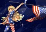  ahoge american_flag_dress american_flag_legwear arm_at_side arm_up bangs berabou blonde_hair clownpiece commentary_request cowboy_shot dress earth flag holding holding_flag long_hair looking_afar neck_ruff no_hat no_headwear open_mouth pantyhose red_eyes shiny shiny_hair short_dress short_sleeves solo space standing star star_(sky) star_print striped touhou very_long_hair wavy_mouth 