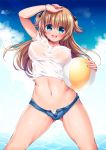 :d arm_up ass_visible_through_thighs ball beachball blue_eyes blush bracelet breasts brown_hair commentary_request covered_nipples day eyes_visible_through_hair head_tilt holding jewelry legs_apart long_hair medium_breasts navel open_mouth original outdoors revision ruri_rarako shirt short_shorts shorts smile solo standing sunlight sweat two_side_up wet wet_clothes wet_shirt white_shirt 