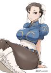  arakure blue_dress boots bracelet breasts brown_eyes brown_hair brown_legwear bun_cover china_dress chinese_clothes chun-li commentary_request cross-laced_footwear double_bun dress earrings eyeshadow hair_bun jewelry lace-up_boots large_breasts makeup pantyhose pixiv puffy_short_sleeves puffy_sleeves short_sleeves sitting solo spiked_bracelet spikes street_fighter thick_thighs thighs white_background white_footwear 
