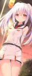  bangs bare_shoulders black_shirt blurry blurry_background blush breasts closed_mouth cloud collared_shirt commentary_request depth_of_field detached_sleeves eyebrows_visible_through_hair flag hair_between_eyes highres isla_(plastic_memories) jacket kouda_suzu lamppost long_hair necktie outdoors plastic_memories pleated_skirt purple_hair red_eyes red_neckwear shirt skirt sky sleeveless_jacket small_breasts smile solo standing sunset thigh_gap twintails white_jacket white_skirt white_sleeves 