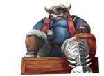  ahab anthro beard bovine buffalo clothed clothing facial_hair hat horn lower male mammal muscular muscular_male mustache old overweight pipe prosthetic_leg simple_background smoking_pipe solo tokyo_afterschool_summoners white_background 