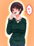 :d blue_pants blush breasts brown_eyes brown_hair commentary_request ear_blush eyebrows_visible_through_hair finger_to_cheek flying_sweatdrops green_sweater haiokumantan_c heart highres idolmaster idolmaster_cinderella_girls large_breasts long_sleeves looking_at_viewer nose_blush oikawa_shizuku open_mouth orange_background pants ribbed_sweater short_hair sleeves_past_wrists smile solo spoken_heart sweatdrop sweater upper_body 
