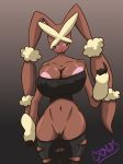  2018 anthro areola areola_slip big_breasts big_butt black_sclera blush breasts brown_fur bulging_breasts butt butt_from_front cleavage cleavage_overflow clothed clothing cronum female fur half-closed_eyes hi_res huge_breasts inviting lagomorph looking_at_viewer mammal mega_evolution mega_lopunny navel nintendo nipple_bulge nipples pink_eyes pok&eacute;mon pok&eacute;mon_(species) pussy seductive simple_background smile solo standing thick_thighs tight_clothing video_games wide_hips 