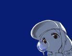  baseball_cap blue blue_background bow brown_eyes bubble ears_visible_through_hair face futaba_anzu hair_bow hat idolmaster idolmaster_cinderella_girls low_twintails monochrome nakari_(waiwai_nabepa) no_mouth no_nose popped_collar sketch solo spot_color twintails 