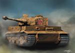  caterpillar_tracks commentary_request day ground_vehicle military military_vehicle motor_vehicle no_humans real_life sky smoke tank tiger_i world_war_ii 