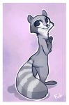  2018 anthro border butt cheek_tuft covering_chest disney female fuel_(artist) gloves_(marking) kameela_(zootopia) looking_back mammal markings nude pink_background procyonid raccoon rear_view ringtail signature simple_background smile socks_(marking) solo standing tuft white_border zootopia 