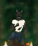  abs belt blue_paws_(artist) bulge candle canine claws clothed clothing food forest fruit halloween happy_halloween holidays jeans male mammal muscular muscular_male night pants pumpkin red_eyes solo tattoo torn_clothing tree were werewolf wolf 