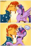  2018 beard cape clothing comic duo equine eyewear facial_hair female friendship_is_magic glasses horn kissing levitation magic male male/female mammal my_little_pony saturdaymorningproj simple_background sunburst_(mlp) twilight_sparkle_(mlp) unicorn wing_boner winged_unicorn wings 